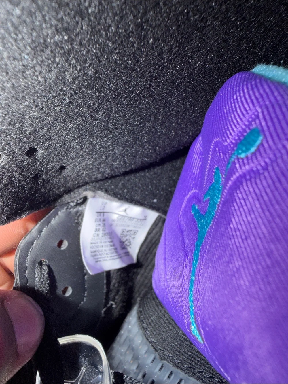 Jordan Black Sneakers with Purple Tongue and Teal Jumpman